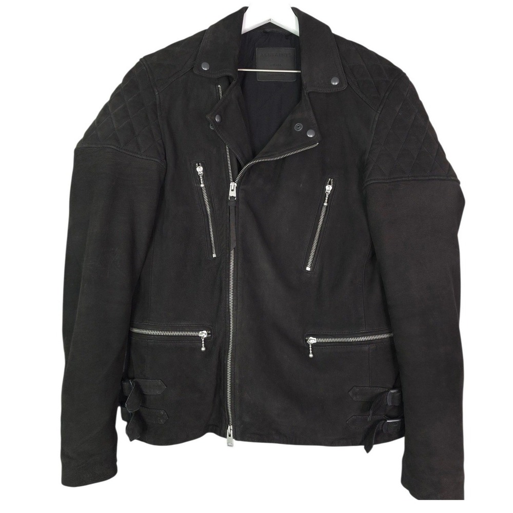 AllSaints Kenji Biker Jacket Men Small Black Sheep Leather Quilted Moto ML024K - Picture 2 of 10